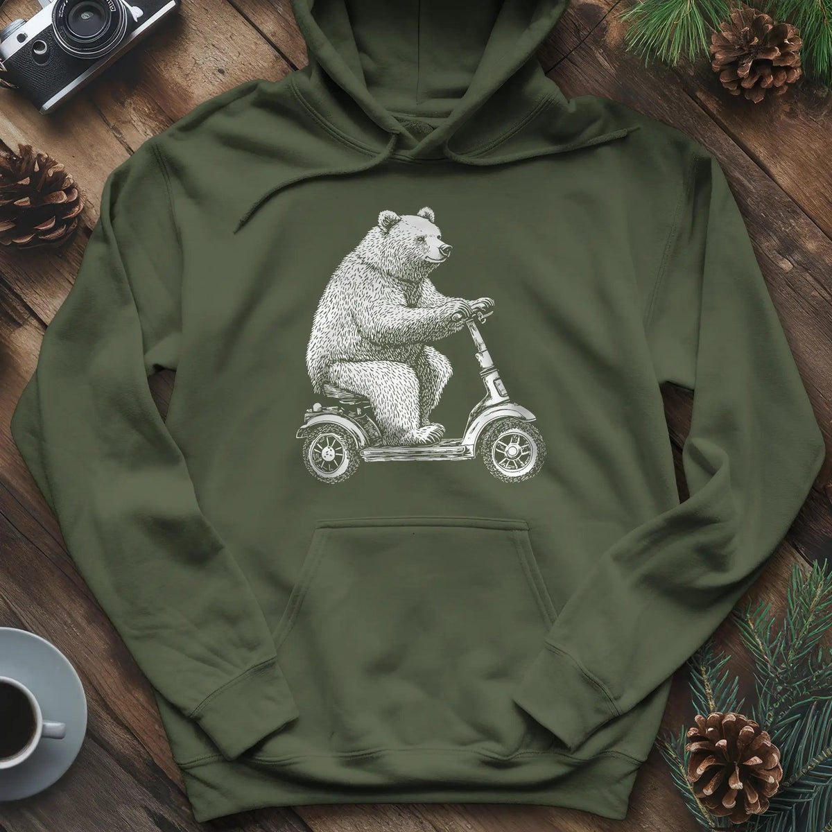 Scooting Bear Hoodie – Military Green – Outdoor apparel for travel, hiking, camping, and nature lovers – ExpediCamp