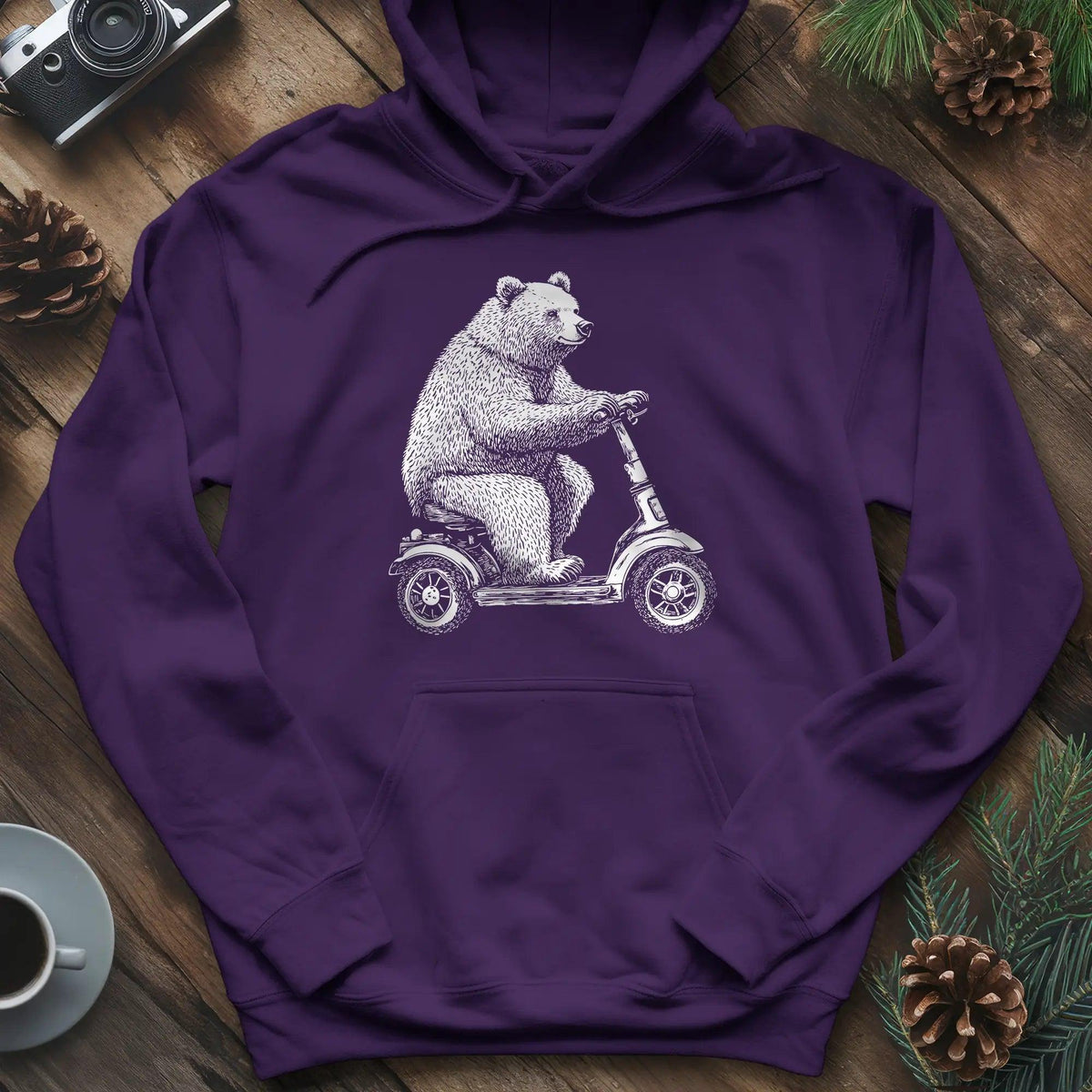 Scooting Bear Hoodie – Purple – Outdoor apparel for travel, hiking, camping, and nature lovers – ExpediCamp