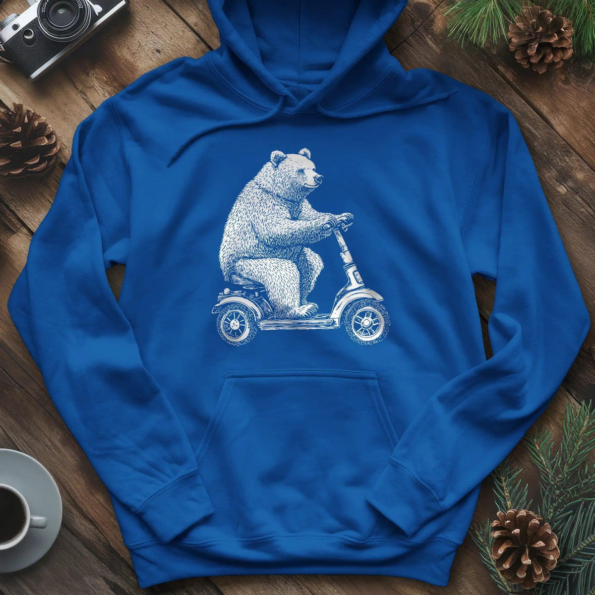 Scooting Bear Hoodie – Royal – Outdoor apparel for travel, hiking, camping, and nature lovers – ExpediCamp
