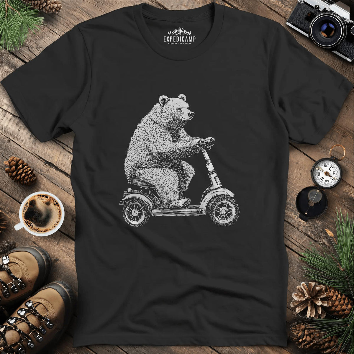 Scooting Bear T-Shirt – Black – Outdoor apparel for travel, hiking, camping, and nature lovers – ExpediCamp