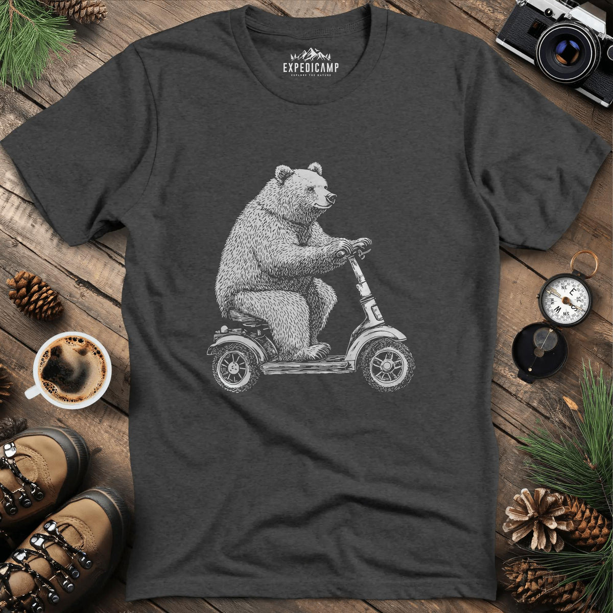 Scooting Bear T-Shirt – Dark Heather – Outdoor apparel for travel, hiking, camping, and nature lovers – ExpediCamp