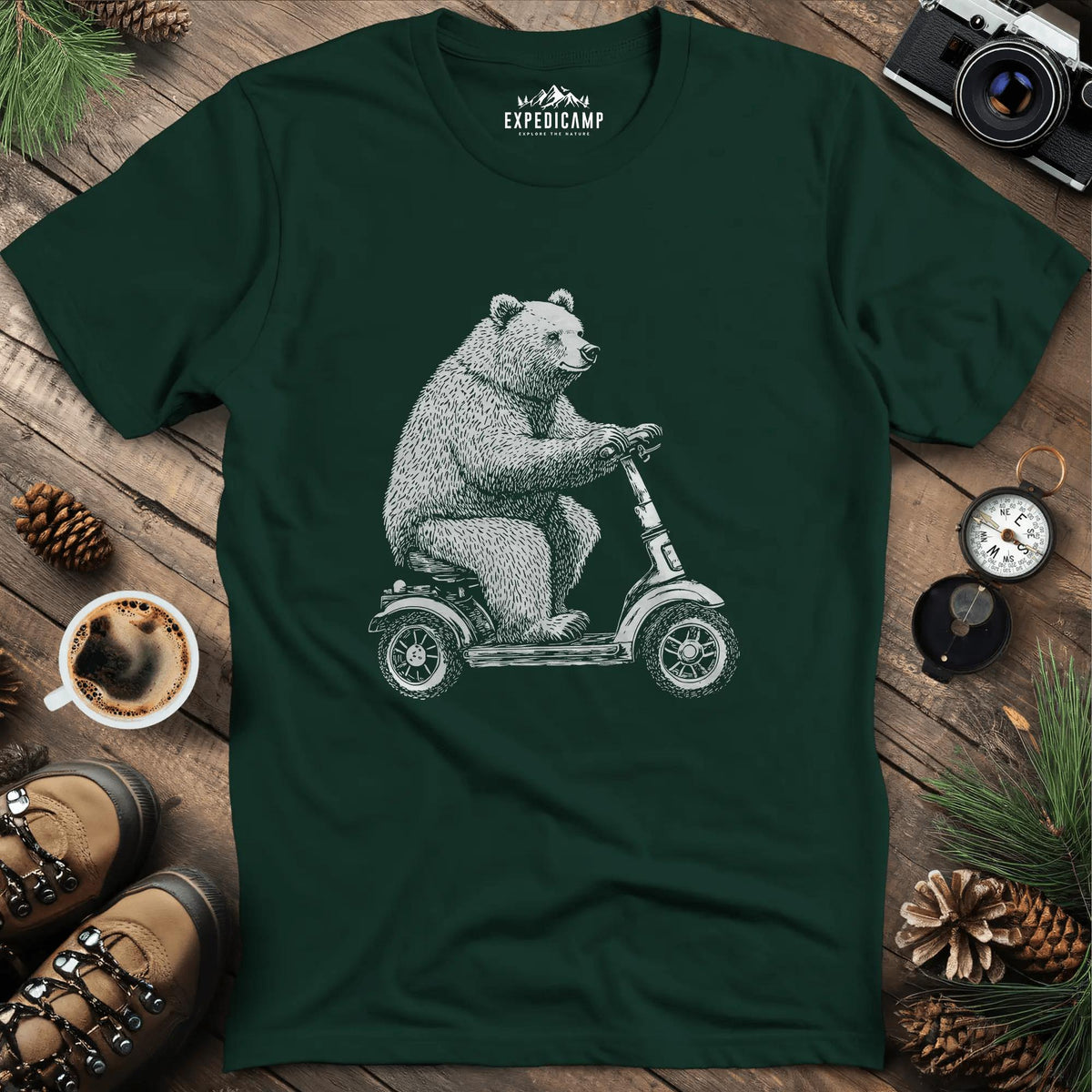 Scooting Bear T-Shirt – Forest Green – Outdoor apparel for travel, hiking, camping, and nature lovers – ExpediCamp