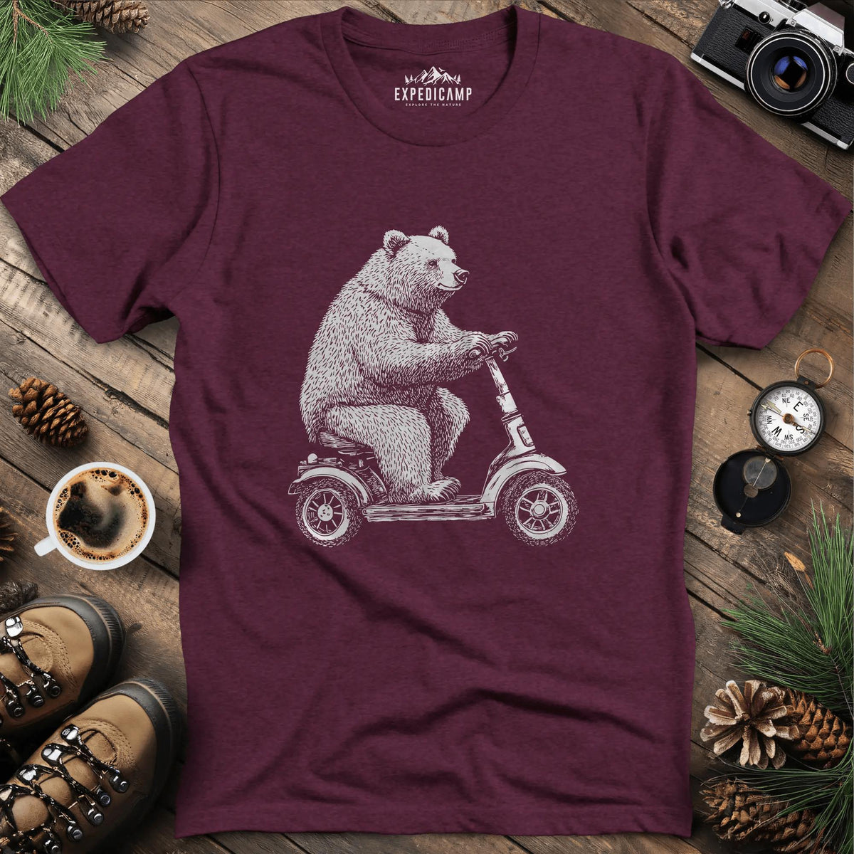 Scooting Bear T-Shirt – Heather Maroon – Outdoor apparel for travel, hiking, camping, and nature lovers – ExpediCamp