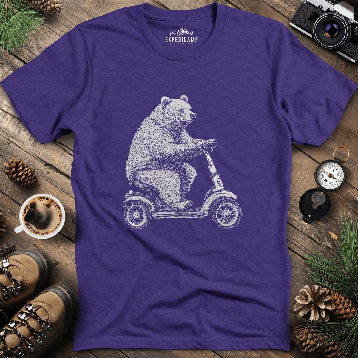 Scooting Bear T-Shirt – Heather Purple – Outdoor apparel for travel, hiking, camping, and nature lovers – ExpediCamp