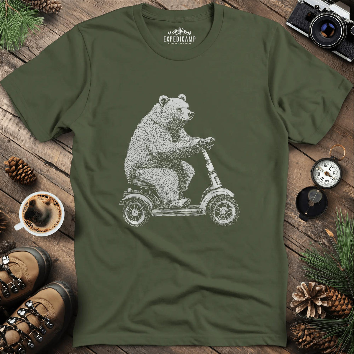 Scooting Bear T-Shirt – Military Green – Outdoor apparel for travel, hiking, camping, and nature lovers – ExpediCamp