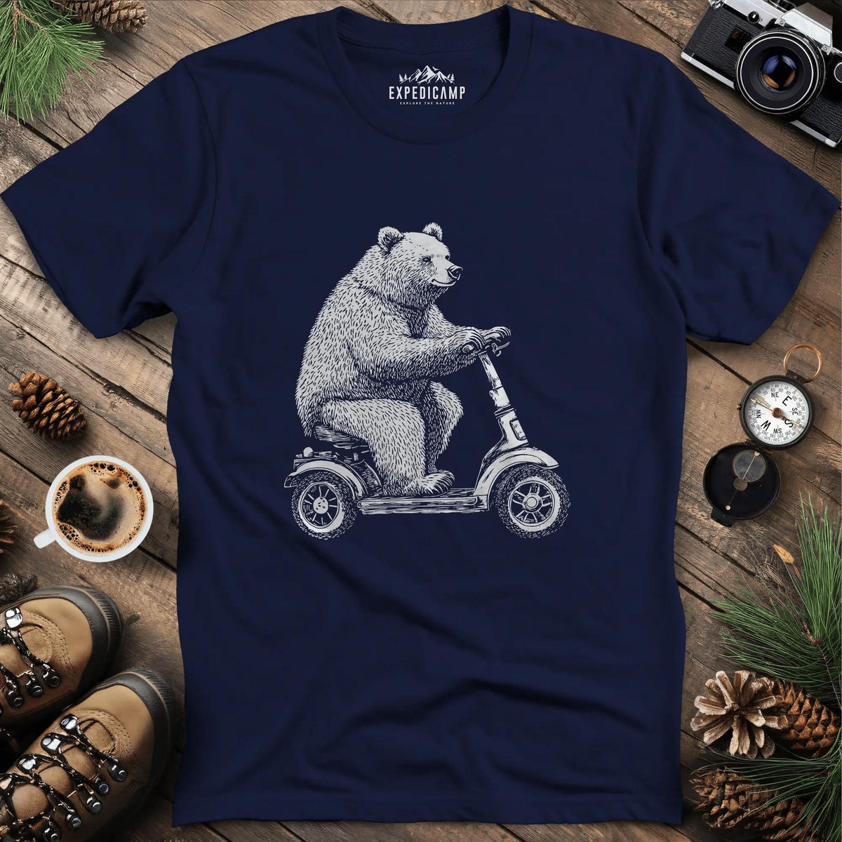 Scooting Bear T-Shirt – Navy – Outdoor apparel for travel, hiking, camping, and nature lovers – ExpediCamp