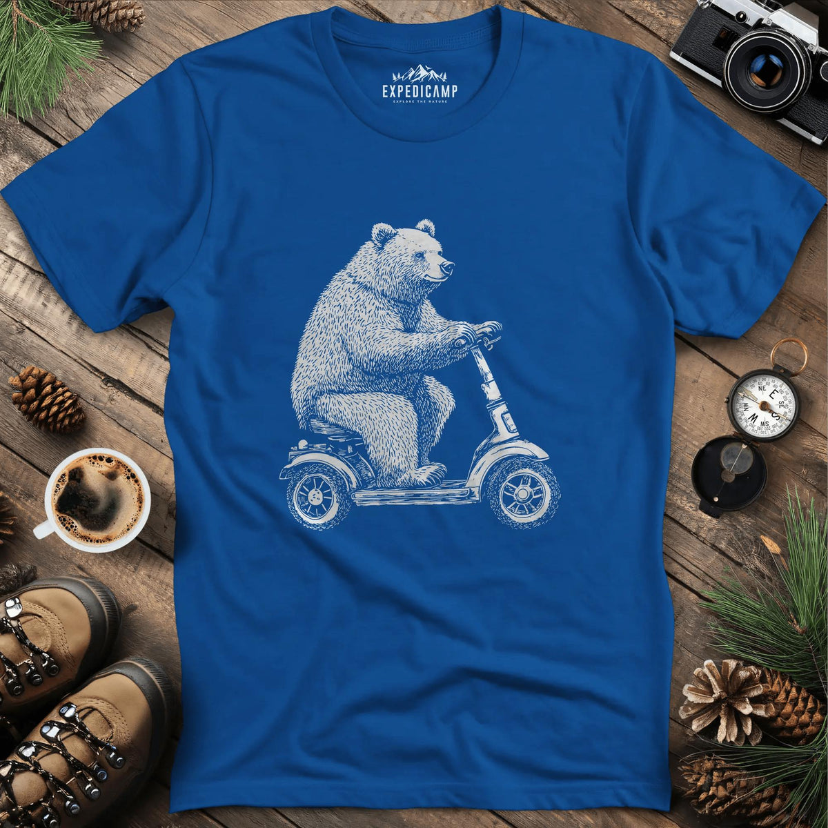 Scooting Bear T-Shirt – Royal – Outdoor apparel for travel, hiking, camping, and nature lovers – ExpediCamp