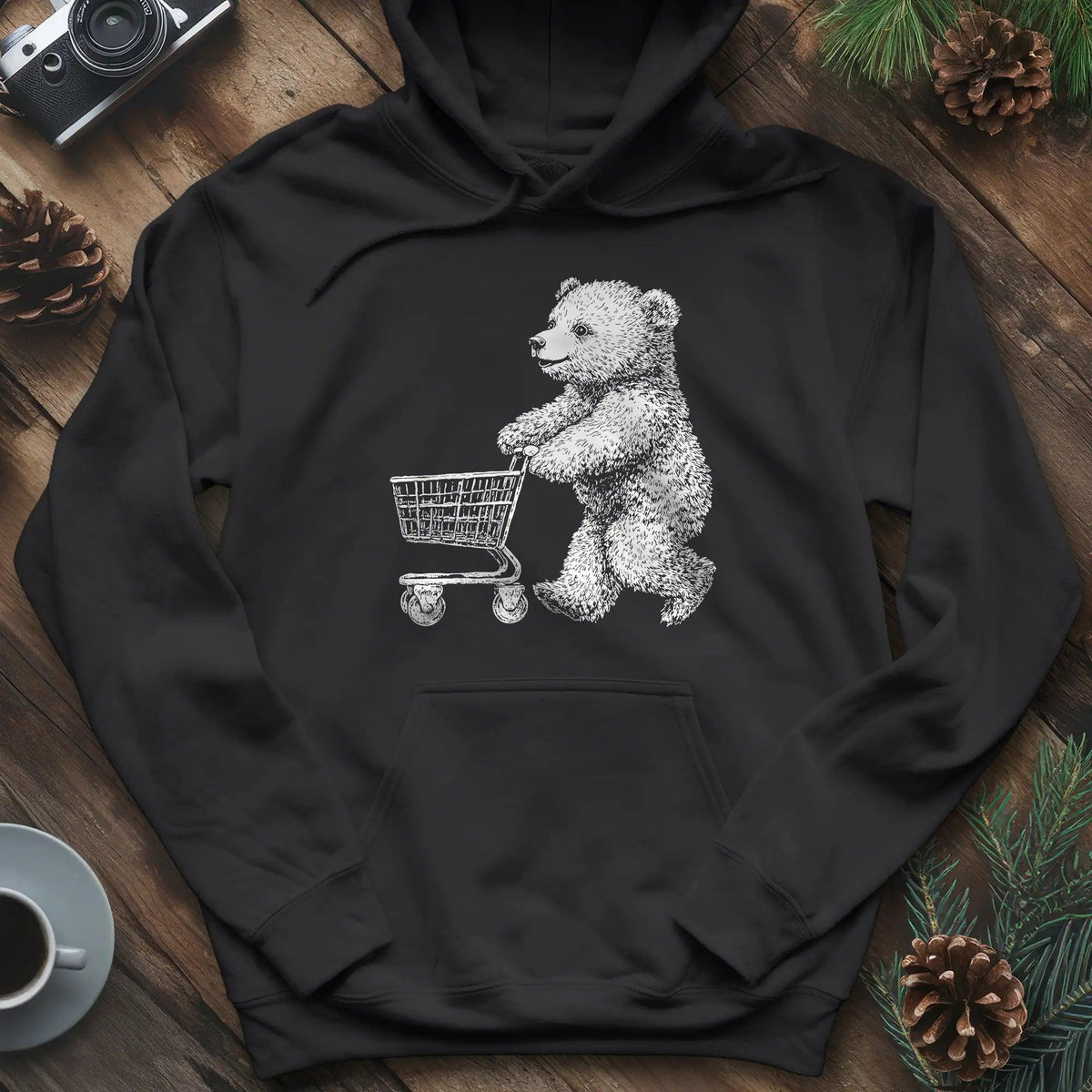 Shopping Bear Hoodie – Black – Outdoor apparel for travel, hiking, camping, and nature lovers – ExpediCamp