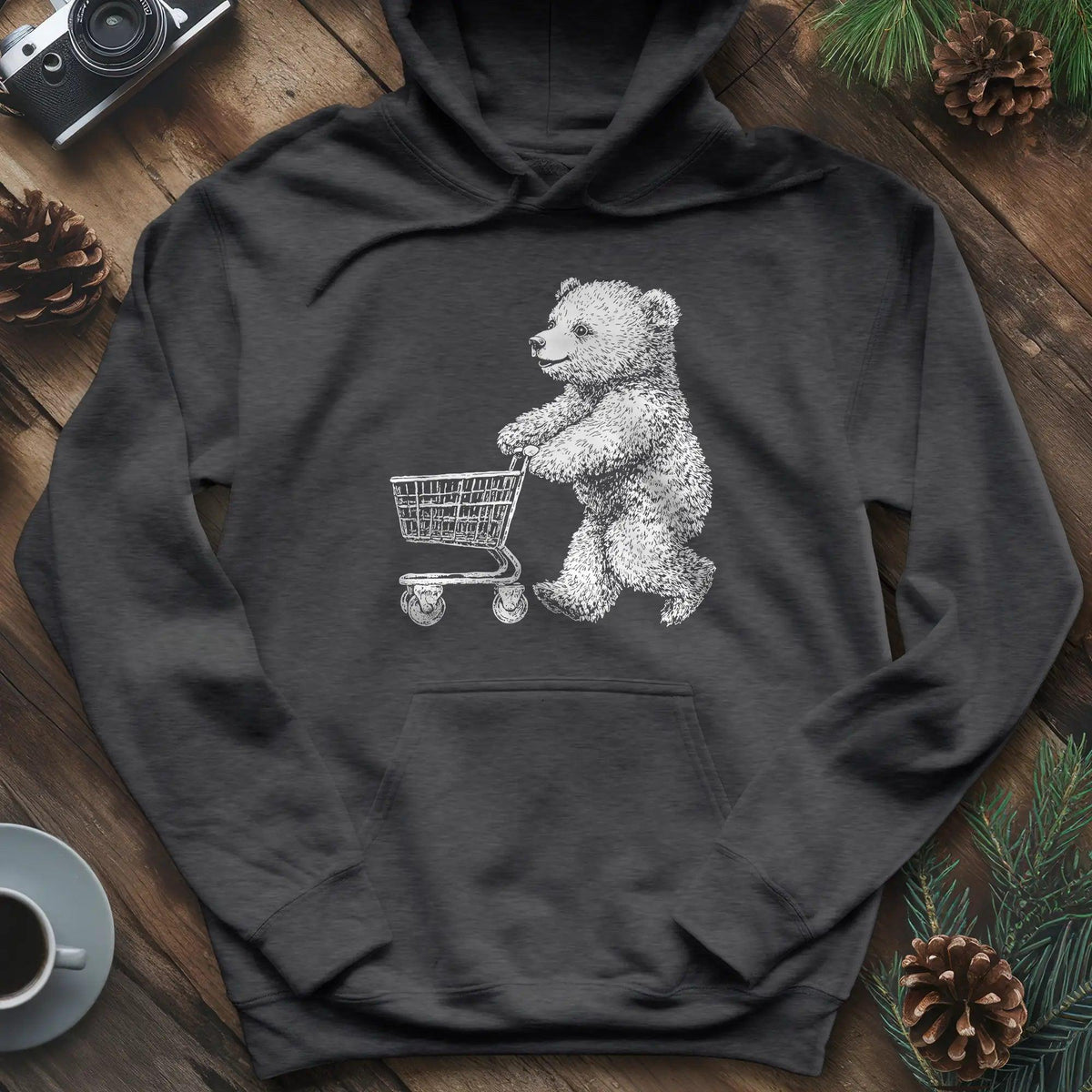 Shopping Bear Hoodie – Dark Heather – Outdoor apparel for travel, hiking, camping, and nature lovers – ExpediCamp