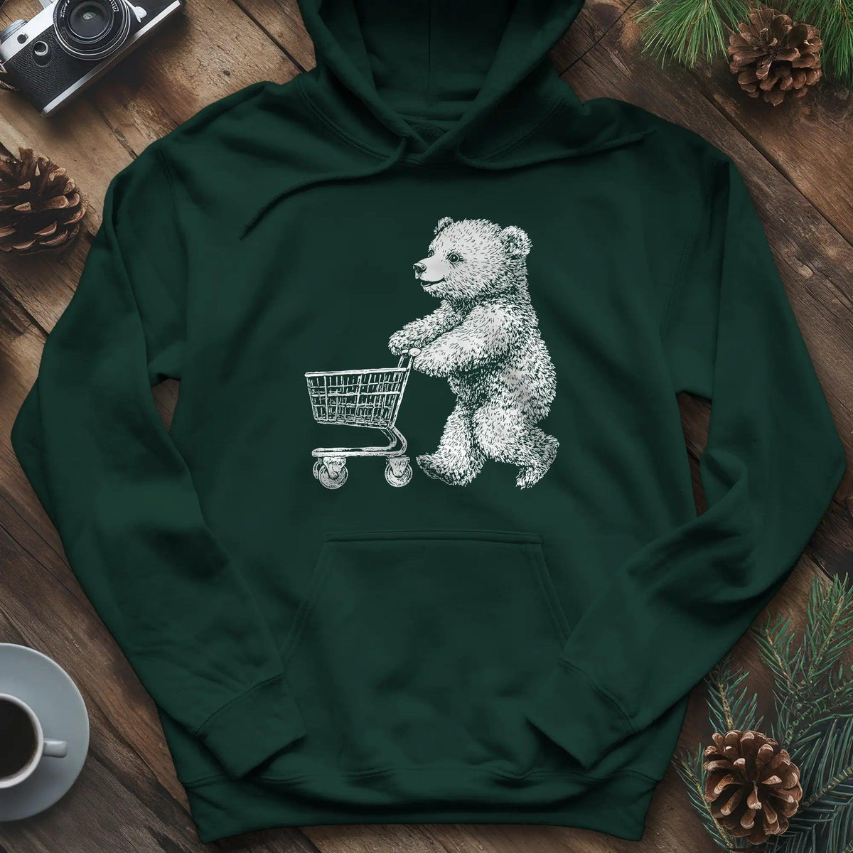 Shopping Bear Hoodie – Forest Green – Outdoor apparel for travel, hiking, camping, and nature lovers – ExpediCamp