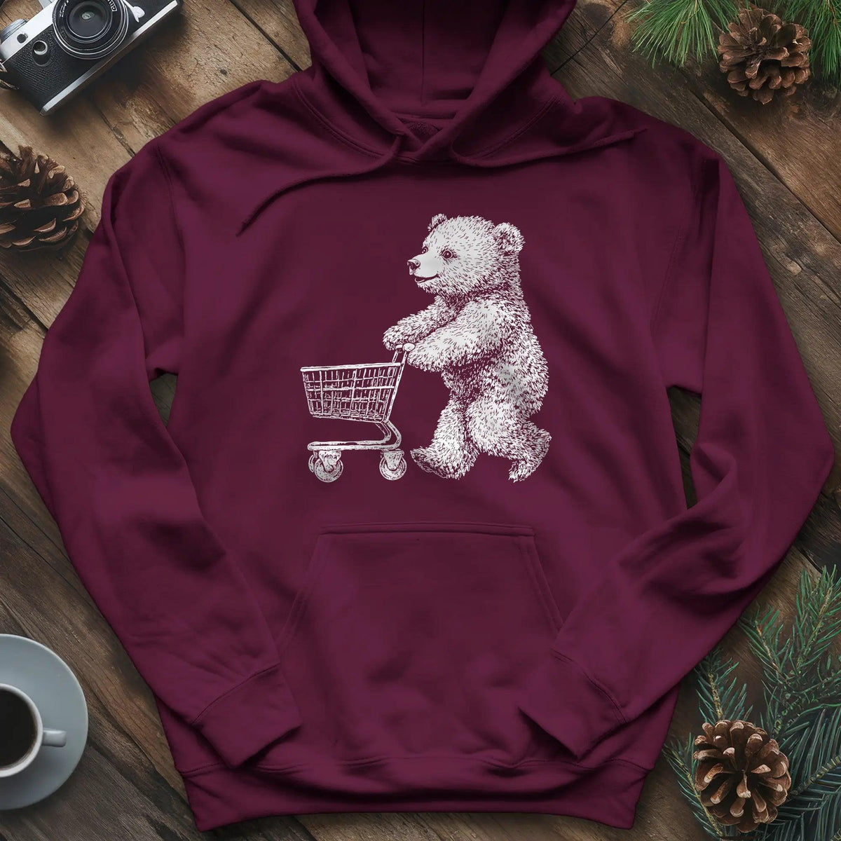 Shopping Bear Hoodie – Maroon – Outdoor apparel for travel, hiking, camping, and nature lovers – ExpediCamp