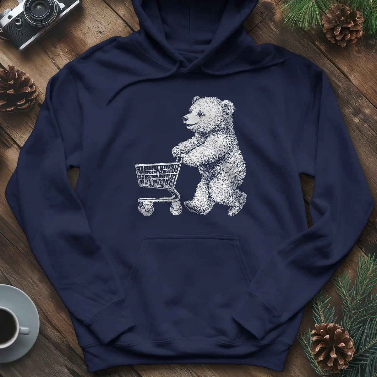 Shopping Bear Hoodie – Navy – Outdoor apparel for travel, hiking, camping, and nature lovers – ExpediCamp
