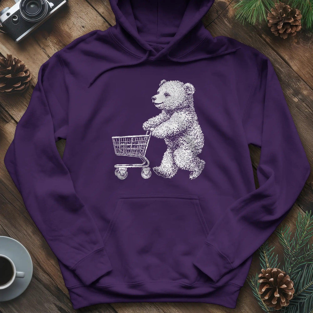 Shopping Bear Hoodie – Purple – Outdoor apparel for travel, hiking, camping, and nature lovers – ExpediCamp