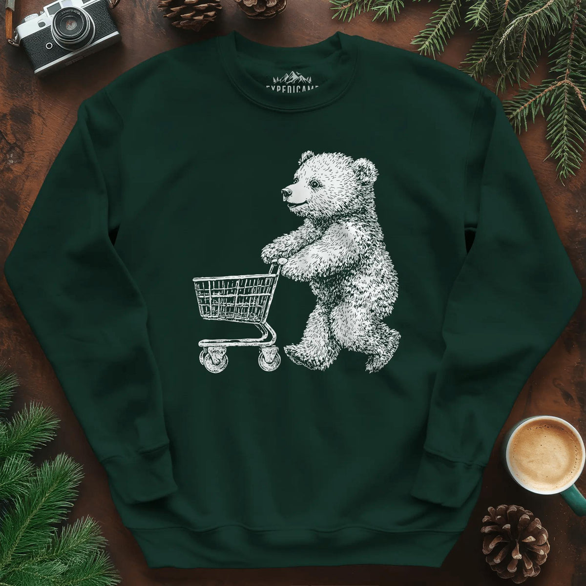 Shopping Bear Sweatshirt – Forest Green – Outdoor apparel for travel, hiking, camping, and nature lovers – ExpediCamp