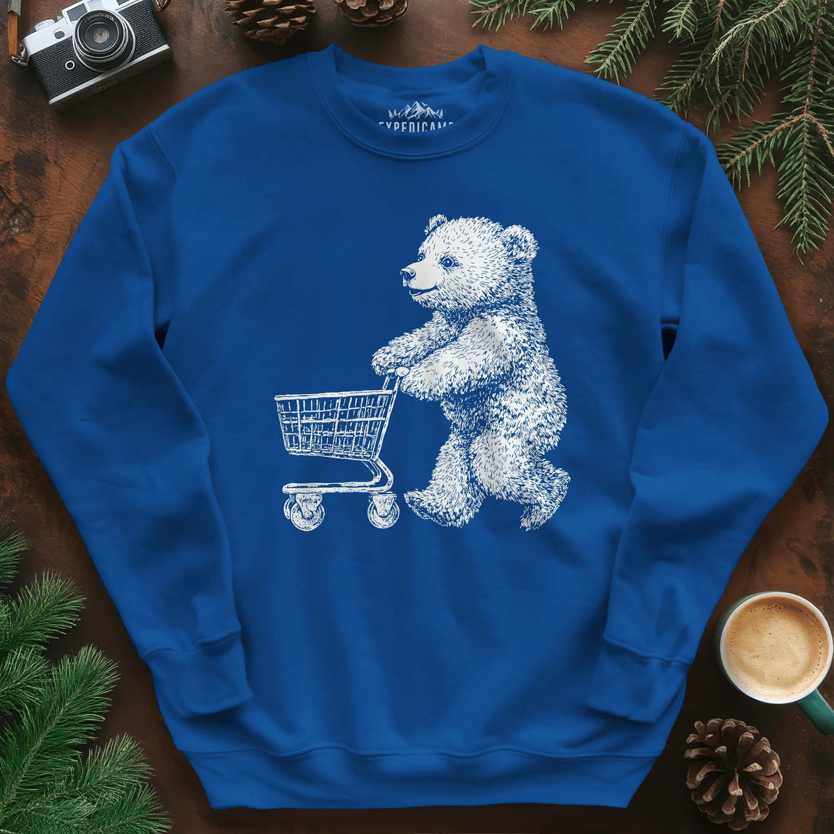 Shopping Bear Sweatshirt – Royal – Outdoor apparel for travel, hiking, camping, and nature lovers – ExpediCamp