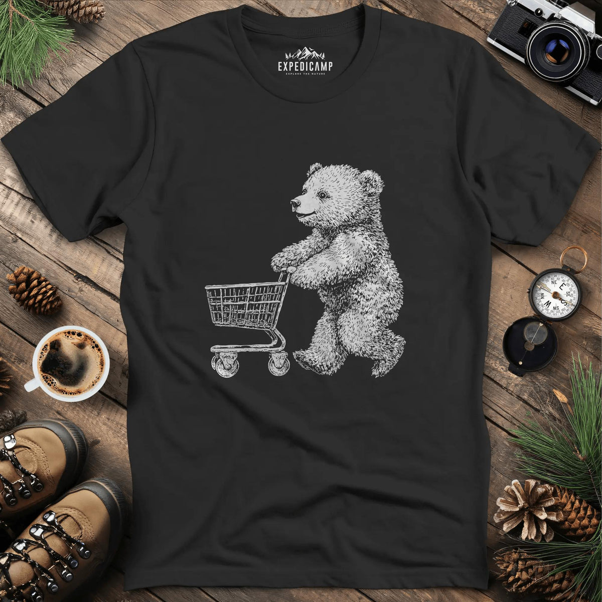 Shopping Bear T-Shirt – Black – Outdoor apparel for travel, hiking, camping, and nature lovers – ExpediCamp