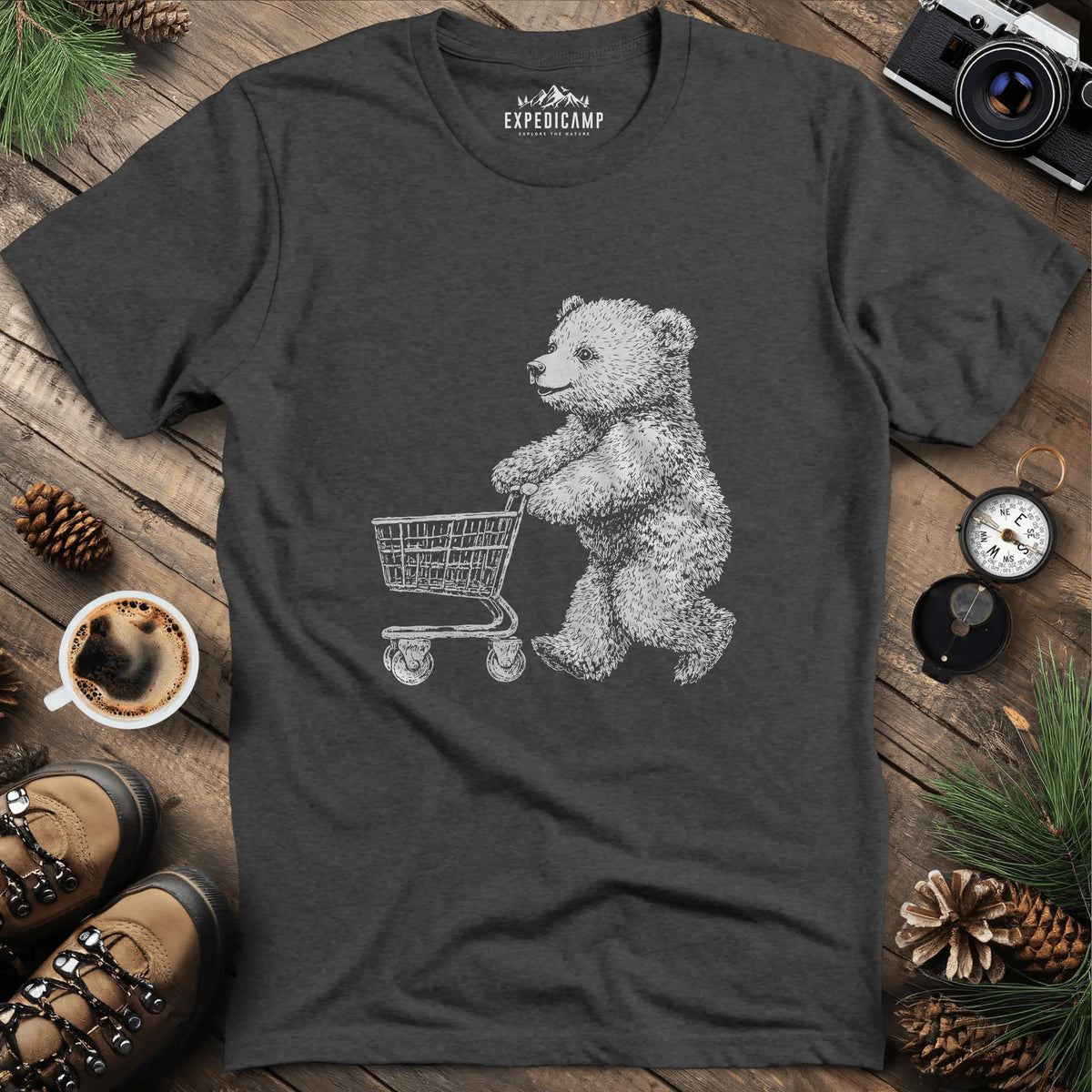 Shopping Bear T-Shirt – Dark Heather – Outdoor apparel for travel, hiking, camping, and nature lovers – ExpediCamp