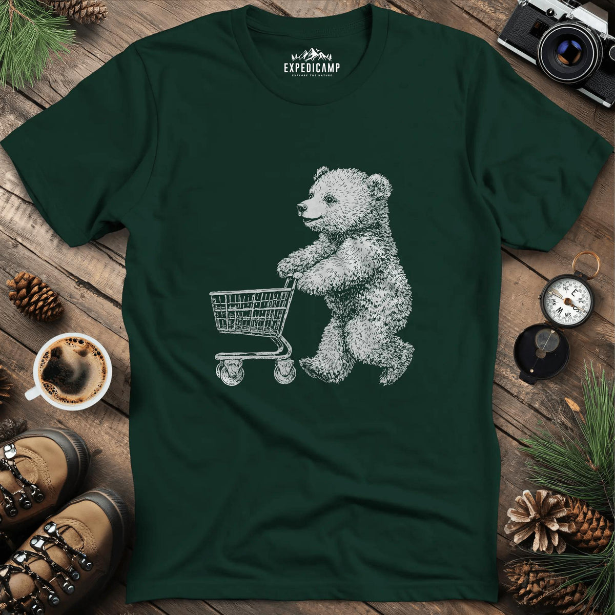 Shopping Bear T-Shirt – Forest Green – Outdoor apparel for travel, hiking, camping, and nature lovers – ExpediCamp