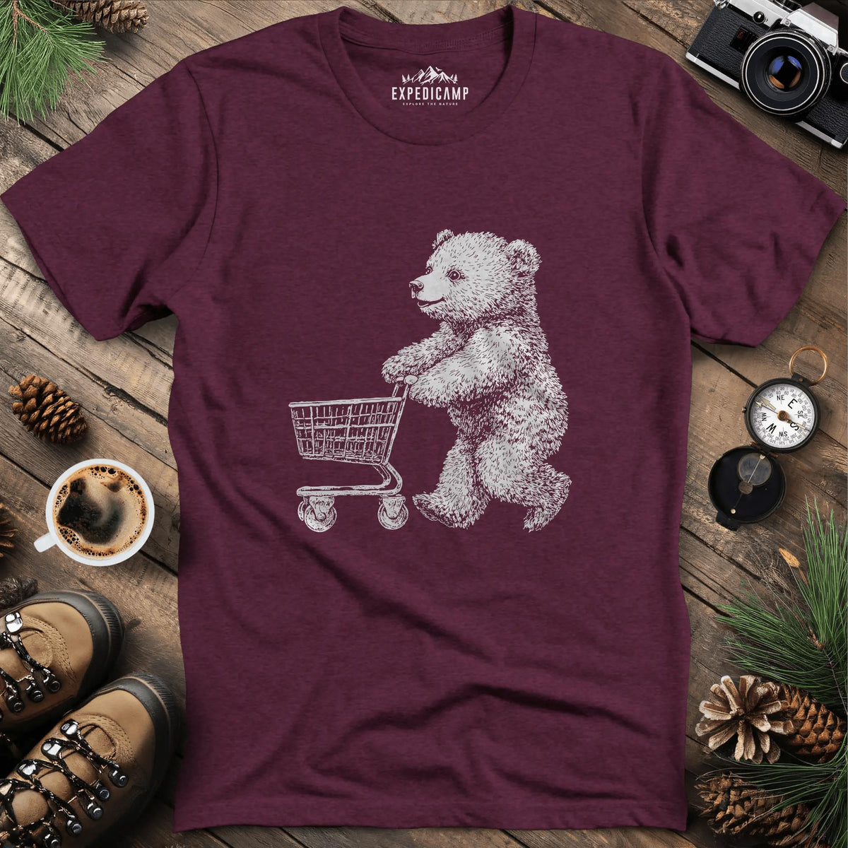 Shopping Bear T-Shirt – Heather Maroon – Outdoor apparel for travel, hiking, camping, and nature lovers – ExpediCamp