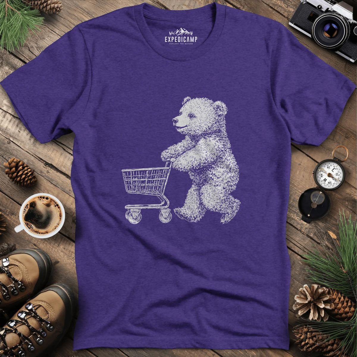 Shopping Bear T-Shirt – Heather Purple – Outdoor apparel for travel, hiking, camping, and nature lovers – ExpediCamp