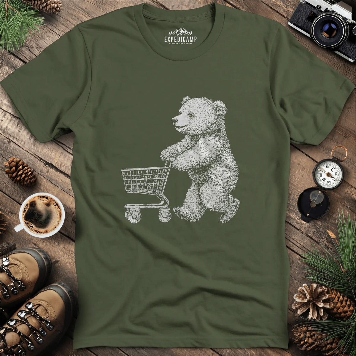 Shopping Bear T-Shirt – Military Green – Outdoor apparel for travel, hiking, camping, and nature lovers – ExpediCamp