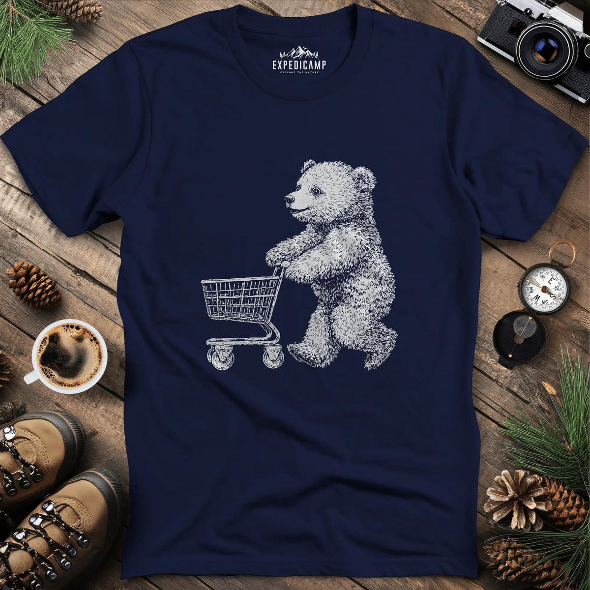 Shopping Bear T-Shirt – Navy – Outdoor apparel for travel, hiking, camping, and nature lovers – ExpediCamp