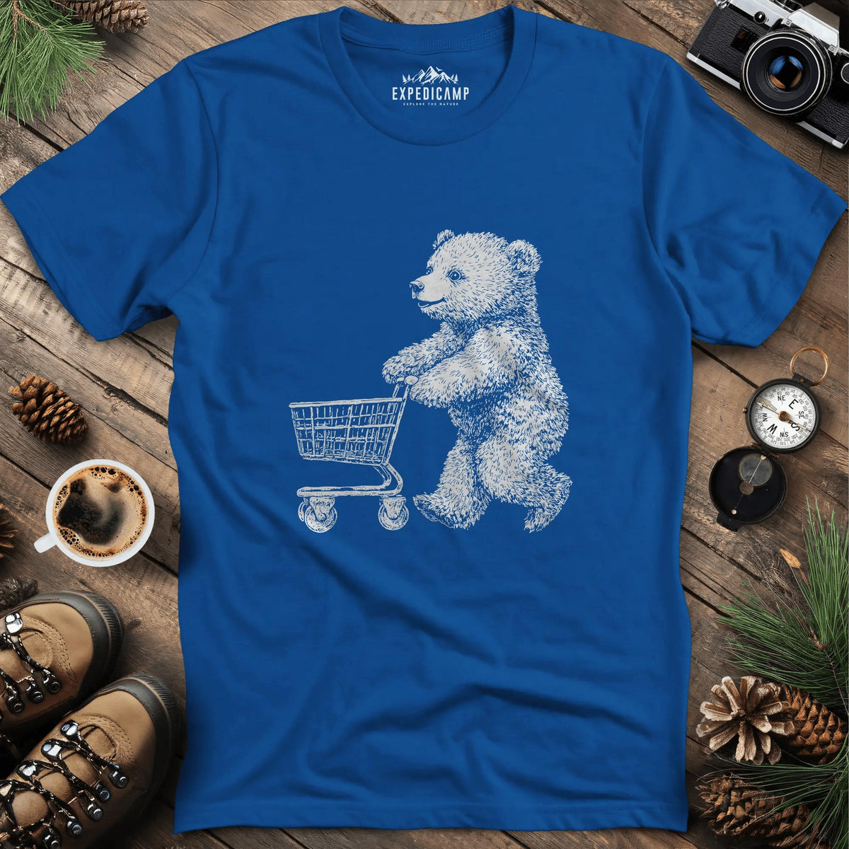 Shopping Bear T-Shirt – Royal – Outdoor apparel for travel, hiking, camping, and nature lovers – ExpediCamp