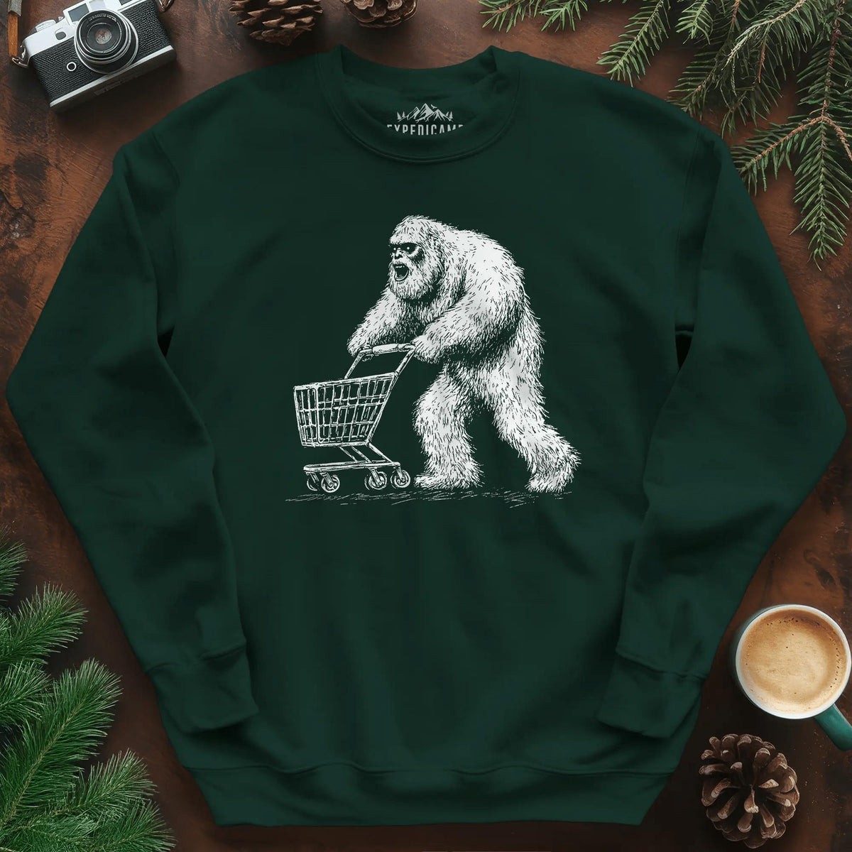 Shopping Yeti Sweatshirt – Forest Green – Outdoor apparel for travel, hiking, camping, and nature lovers – ExpediCamp