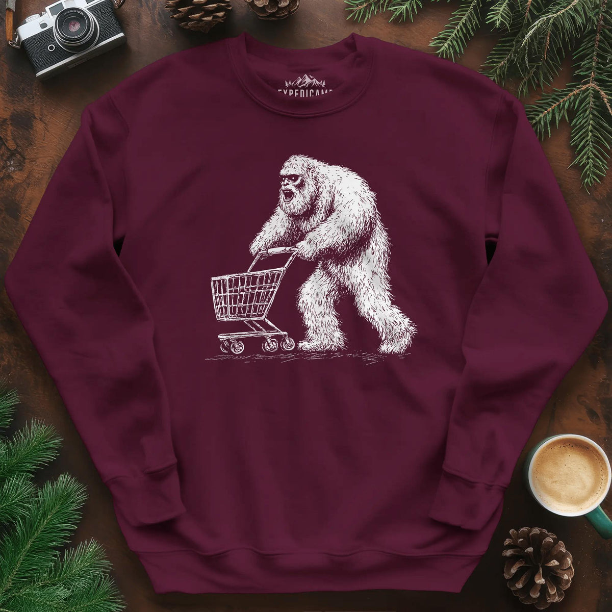 Shopping Yeti Sweatshirt – Maroon – Outdoor apparel for travel, hiking, camping, and nature lovers – ExpediCamp