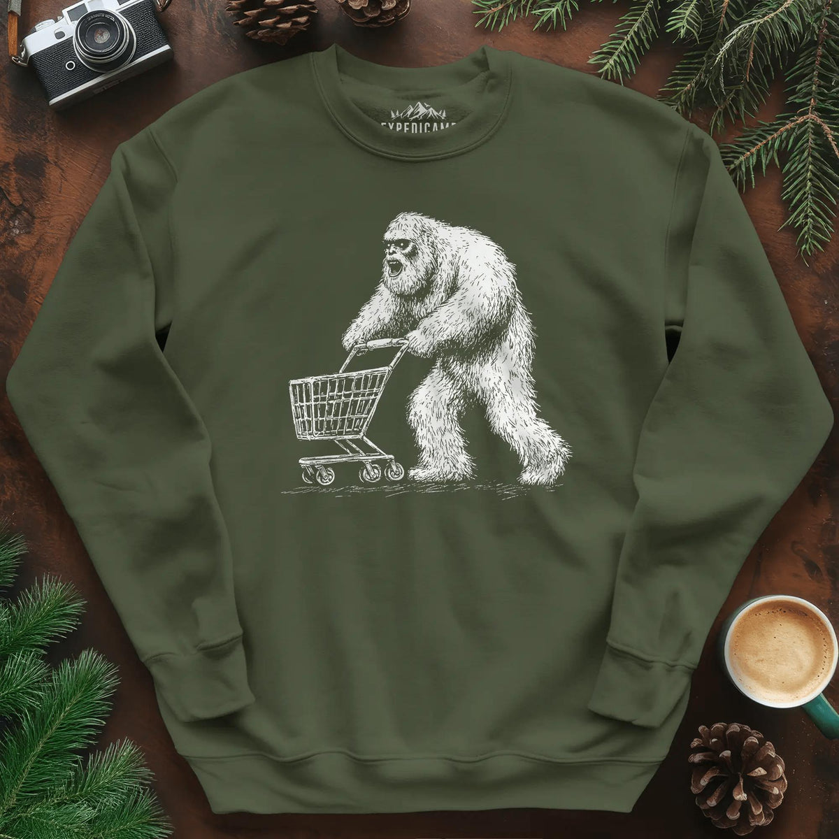 Shopping Yeti Sweatshirt – Military Green – Outdoor apparel for travel, hiking, camping, and nature lovers – ExpediCamp