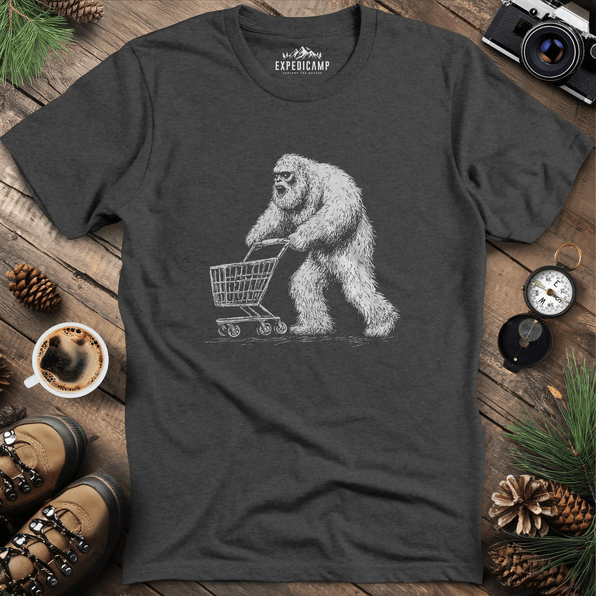 Shopping Yeti T-Shirt – Dark Heather – Outdoor apparel for travel, hiking, camping, and nature lovers – ExpediCamp