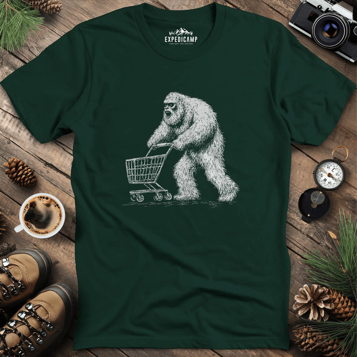 Shopping Yeti T-Shirt – Forest Green – Outdoor apparel for travel, hiking, camping, and nature lovers – ExpediCamp