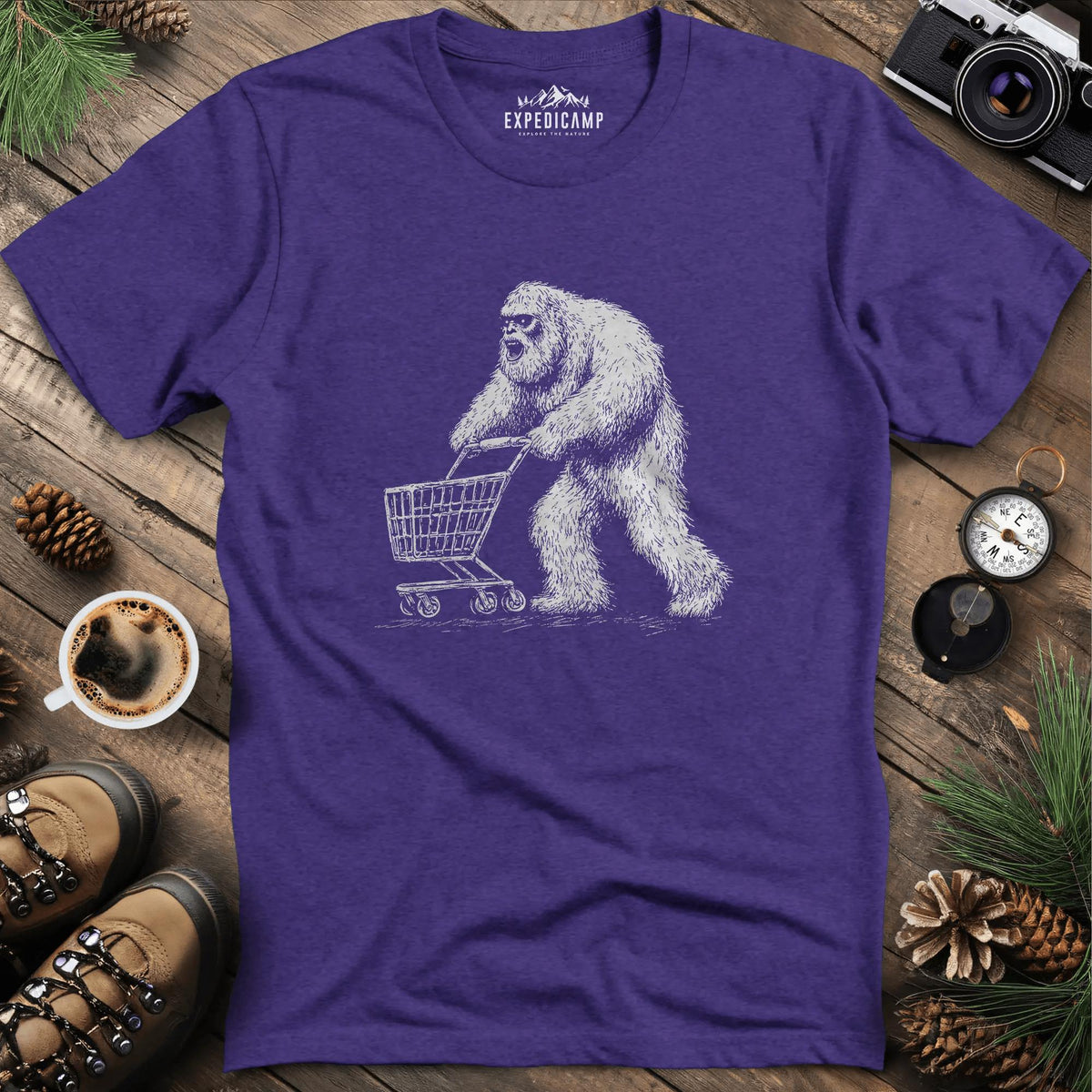Shopping Yeti T-Shirt – Heather Purple – Outdoor apparel for travel, hiking, camping, and nature lovers – ExpediCamp