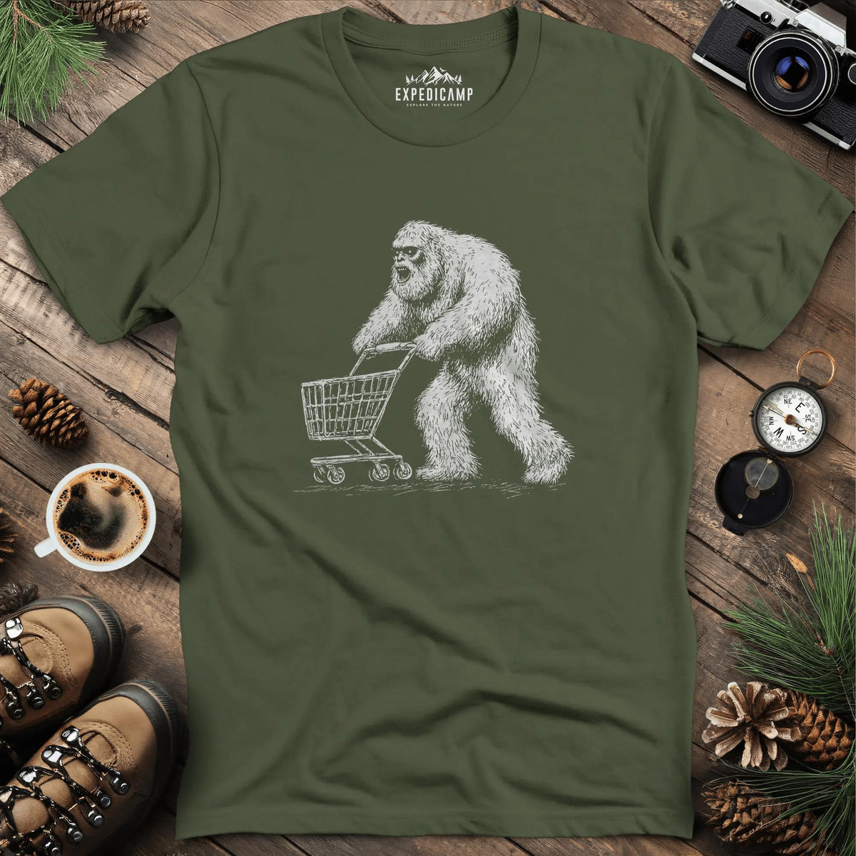 Shopping Yeti T-Shirt – Military Green – Outdoor apparel for travel, hiking, camping, and nature lovers – ExpediCamp