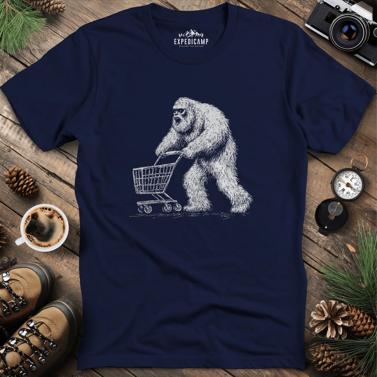 Shopping Yeti T-Shirt – Navy – Outdoor apparel for travel, hiking, camping, and nature lovers – ExpediCamp