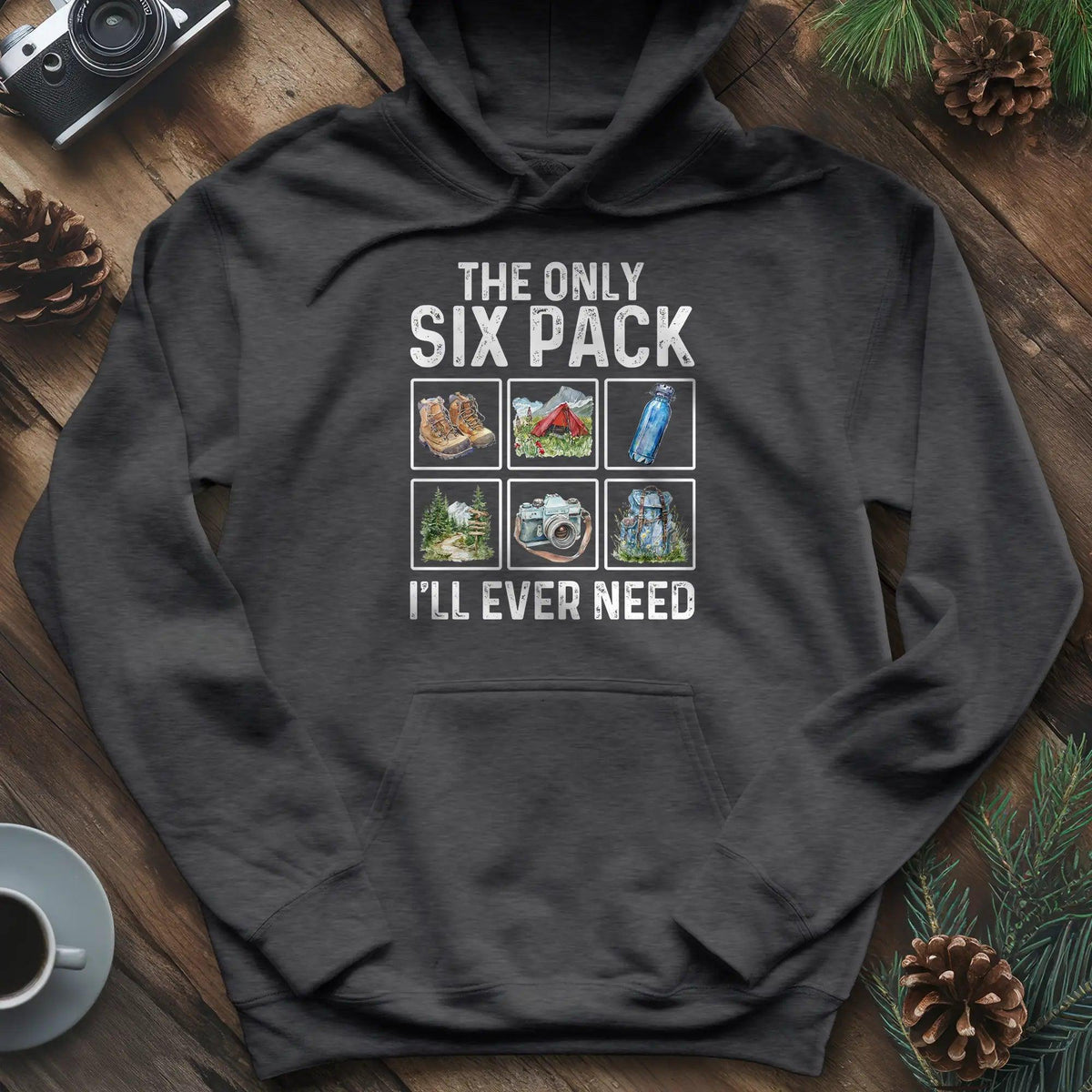 Six Pack Adventure Hoodie – Dark Heather – Outdoor apparel for travel, hiking, camping, and nature lovers – ExpediCamp