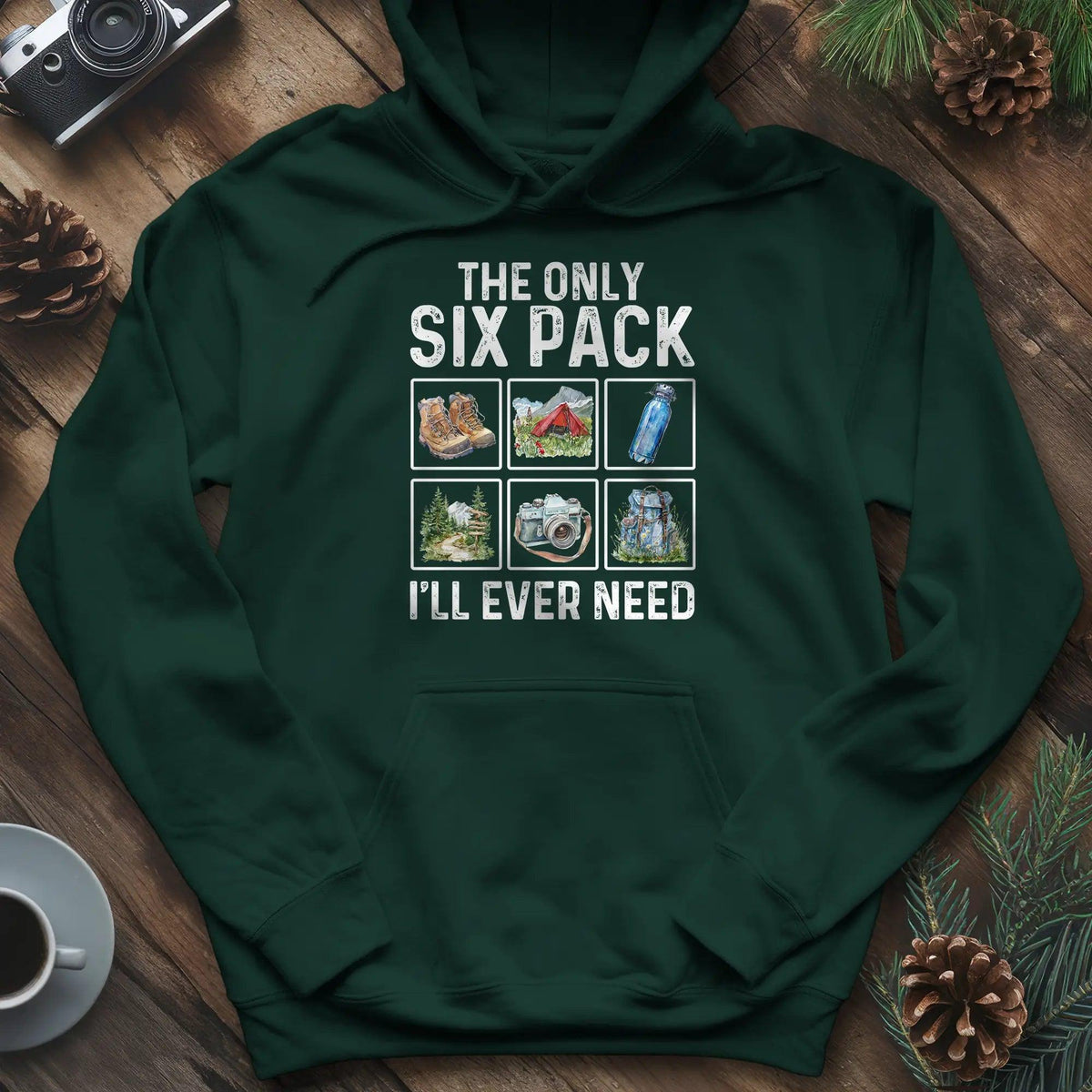 Six Pack Adventure Hoodie – Forest Green – Outdoor apparel for travel, hiking, camping, and nature lovers – ExpediCamp