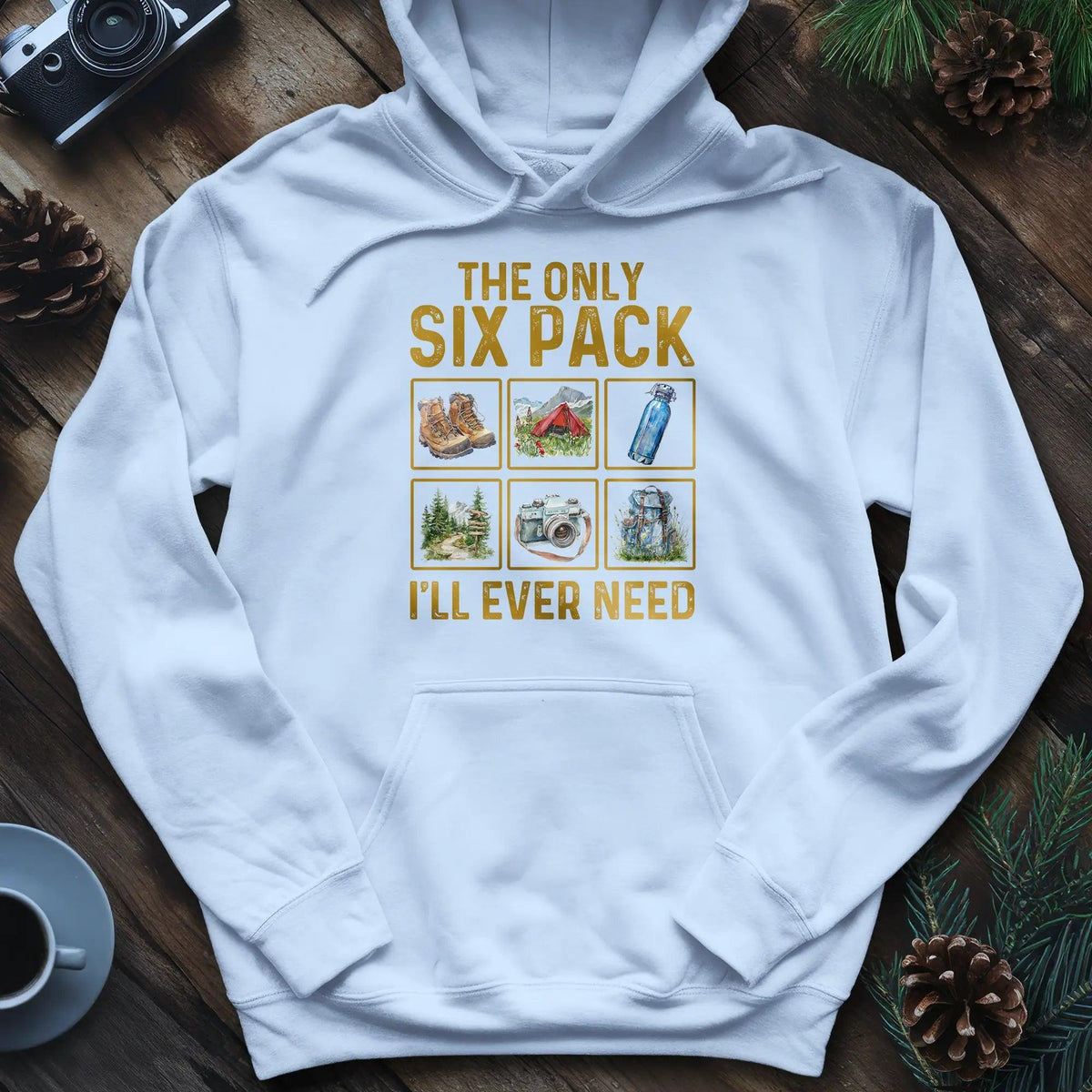 Six Pack Adventure Hoodie – Light Blue – Outdoor apparel for travel, hiking, camping, and nature lovers – ExpediCamp