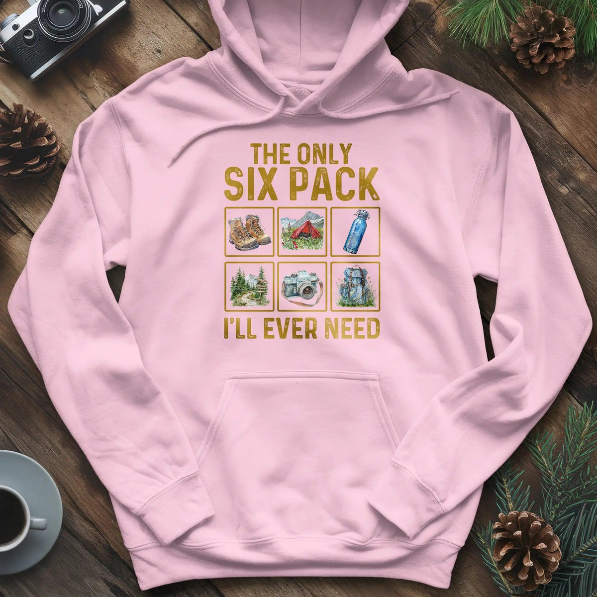 Six Pack Adventure Hoodie – Light Pink – Outdoor apparel for travel, hiking, camping, and nature lovers – ExpediCamp