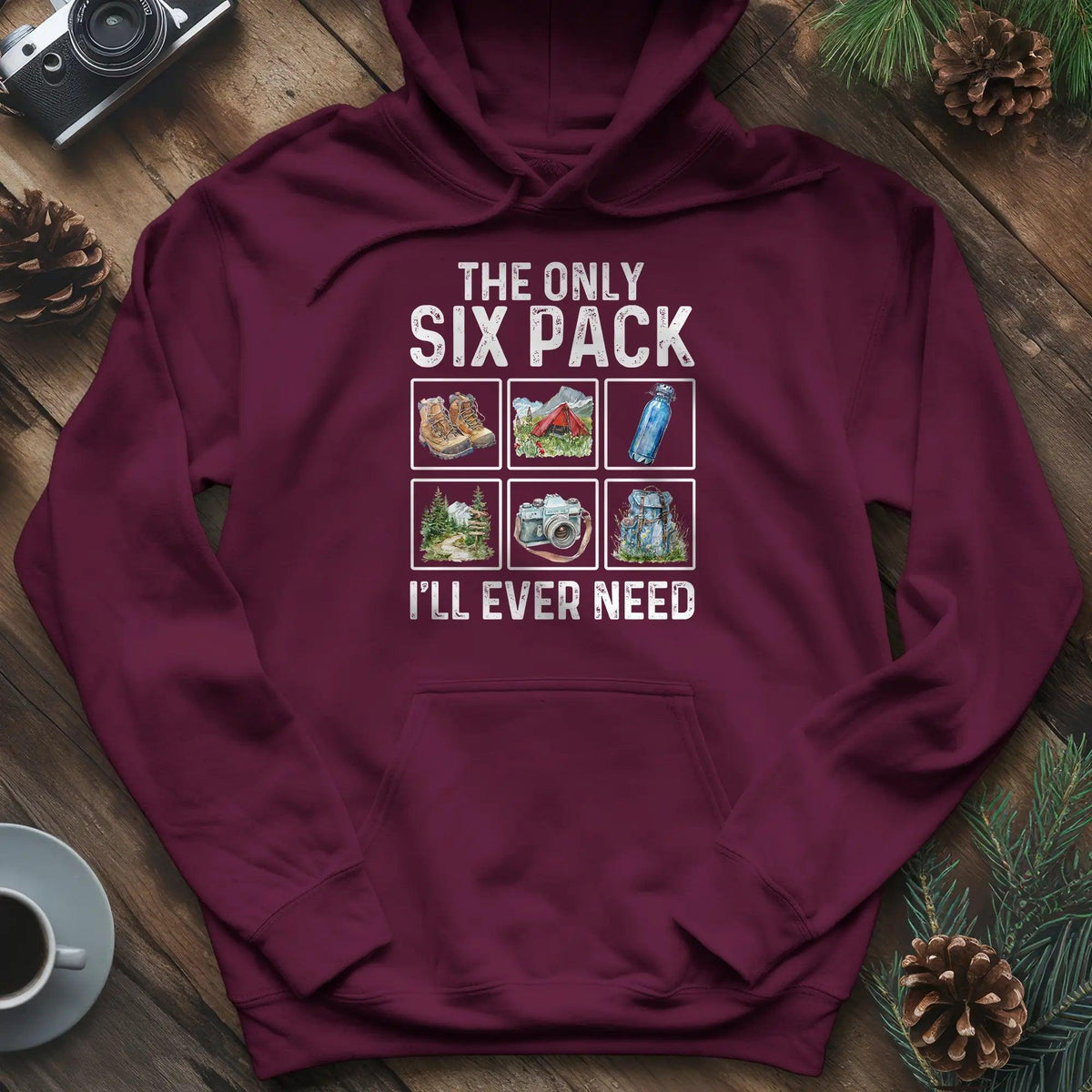 Six Pack Adventure Hoodie – Maroon – Outdoor apparel for travel, hiking, camping, and nature lovers – ExpediCamp