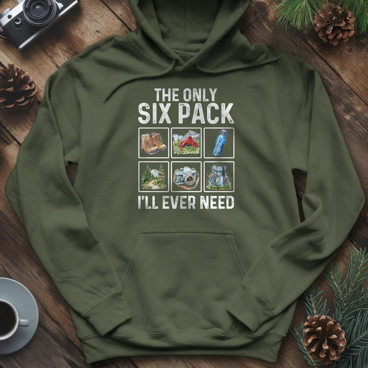 Six Pack Adventure Hoodie – Military Green – Outdoor apparel for travel, hiking, camping, and nature lovers – ExpediCamp