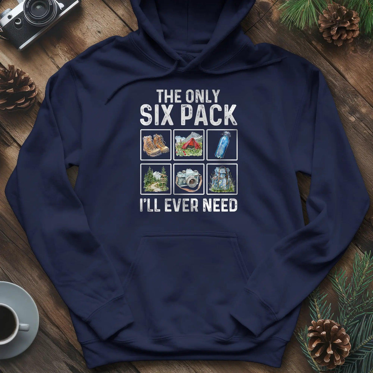 Six Pack Adventure Hoodie – Navy – Outdoor apparel for travel, hiking, camping, and nature lovers – ExpediCamp