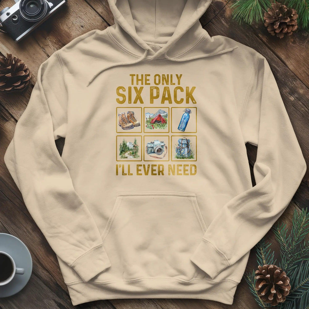 Six Pack Adventure Hoodie – Sand – Outdoor apparel for travel, hiking, camping, and nature lovers – ExpediCamp