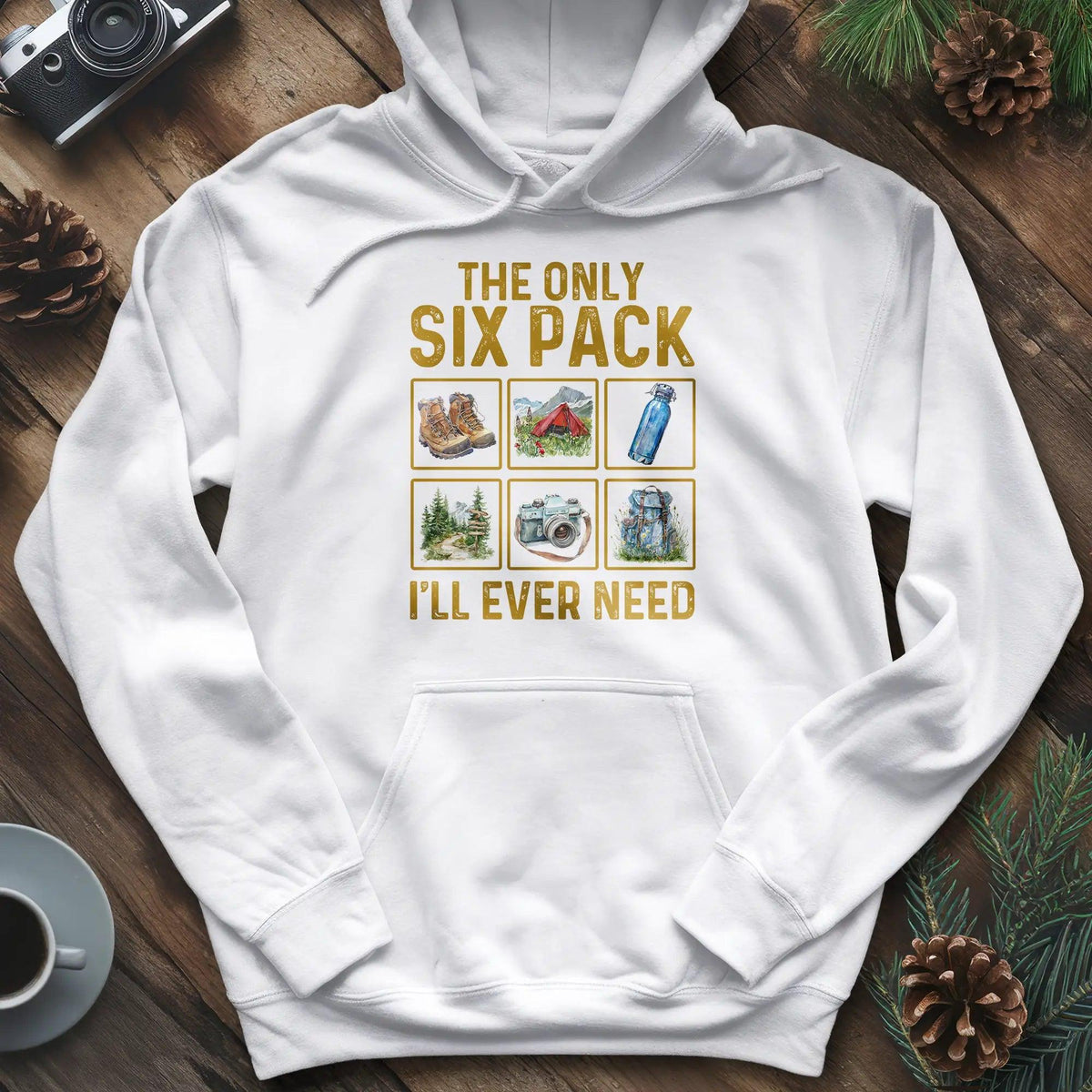 Six Pack Adventure Hoodie – White – Outdoor apparel for travel, hiking, camping, and nature lovers – ExpediCamp