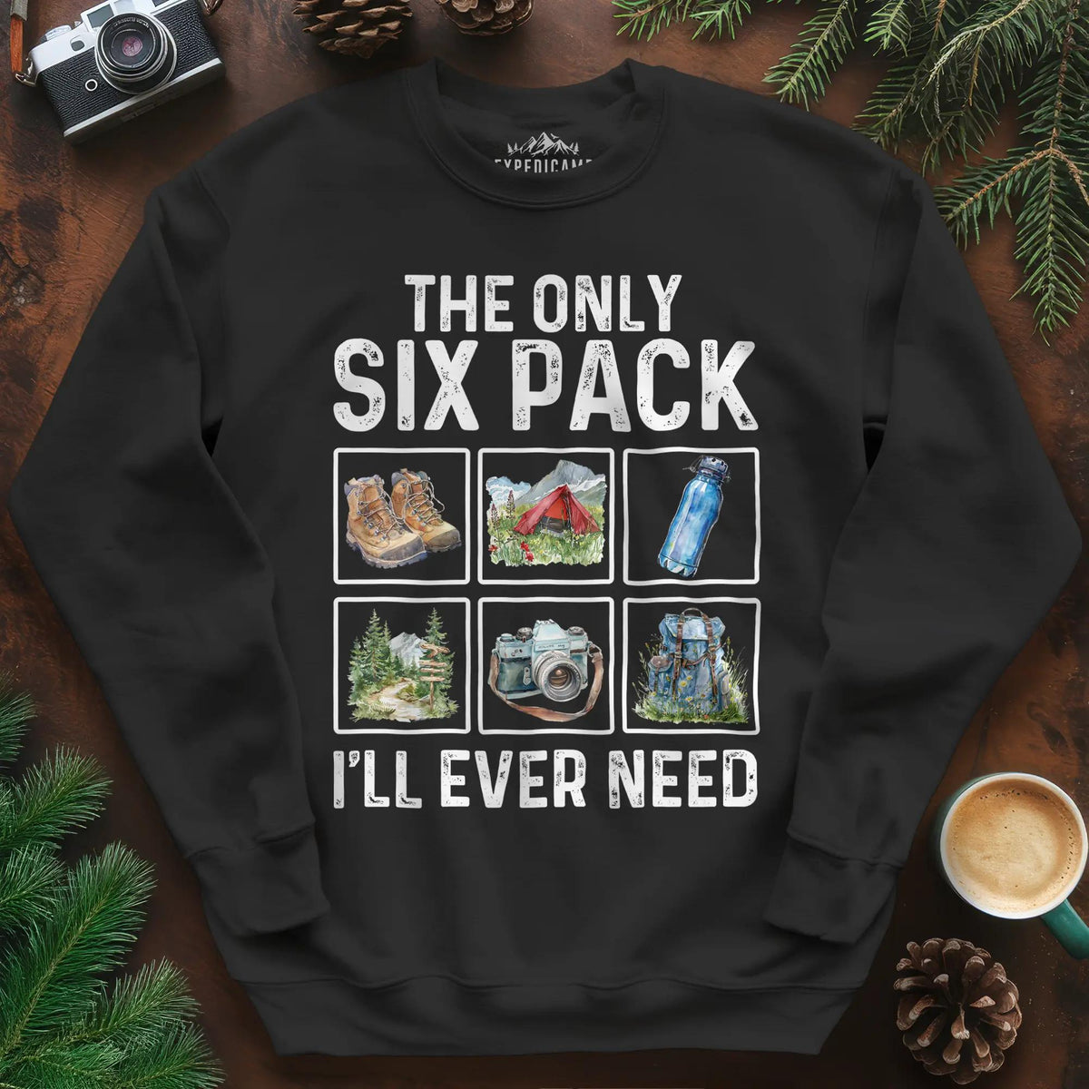 Six Pack Adventure Sweatshirt – Black – Outdoor apparel for travel, hiking, camping, and nature lovers – ExpediCamp