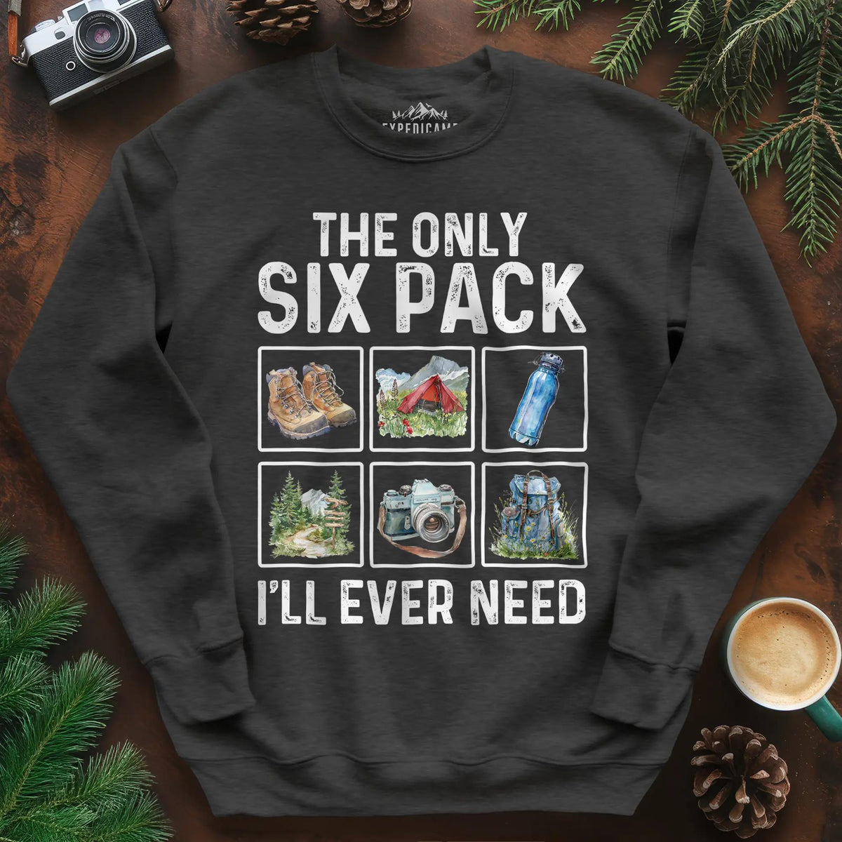 Six Pack Adventure Sweatshirt – Dark Heather – Outdoor apparel for travel, hiking, camping, and nature lovers – ExpediCamp