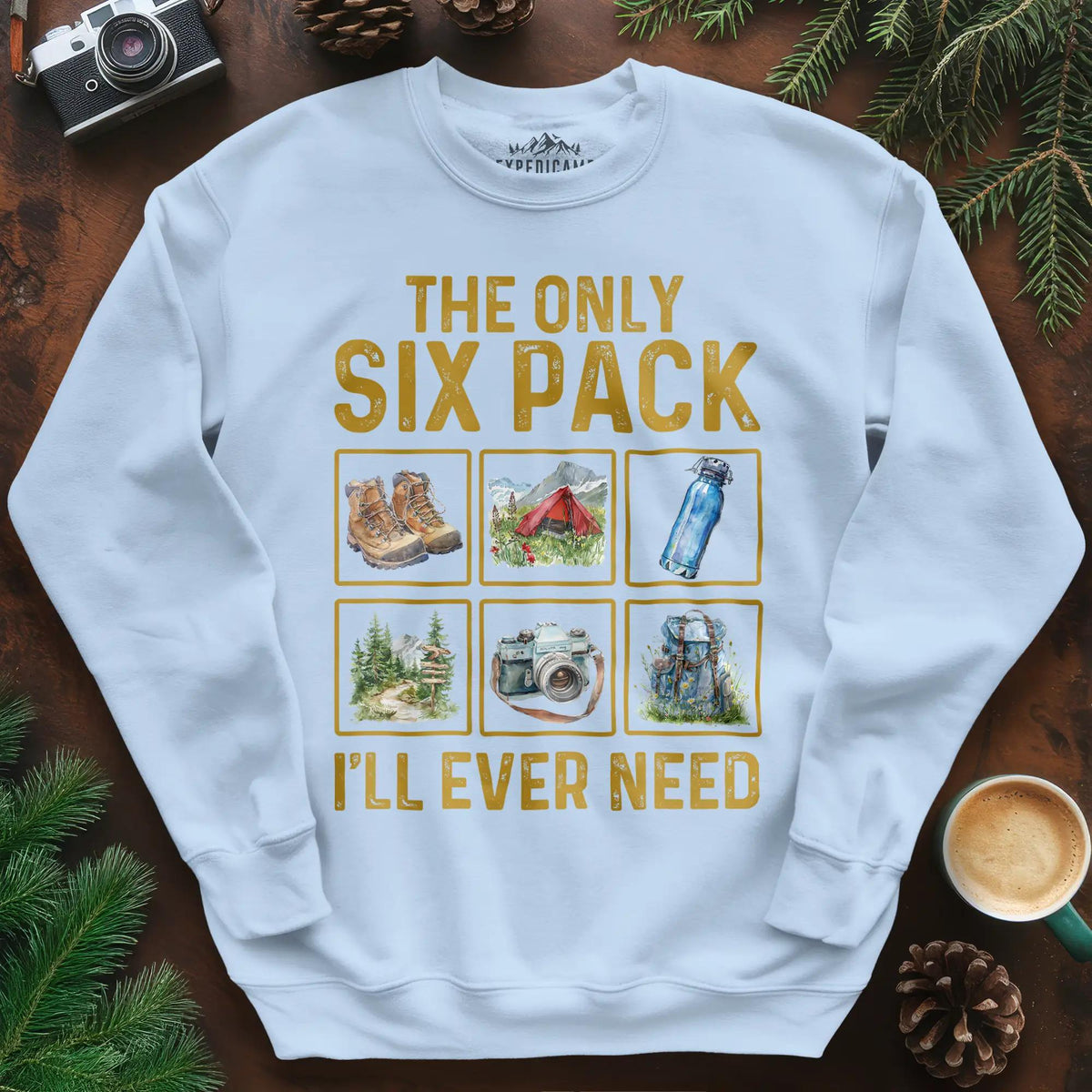 Six Pack Adventure Sweatshirt – Light Blue – Outdoor apparel for travel, hiking, camping, and nature lovers – ExpediCamp