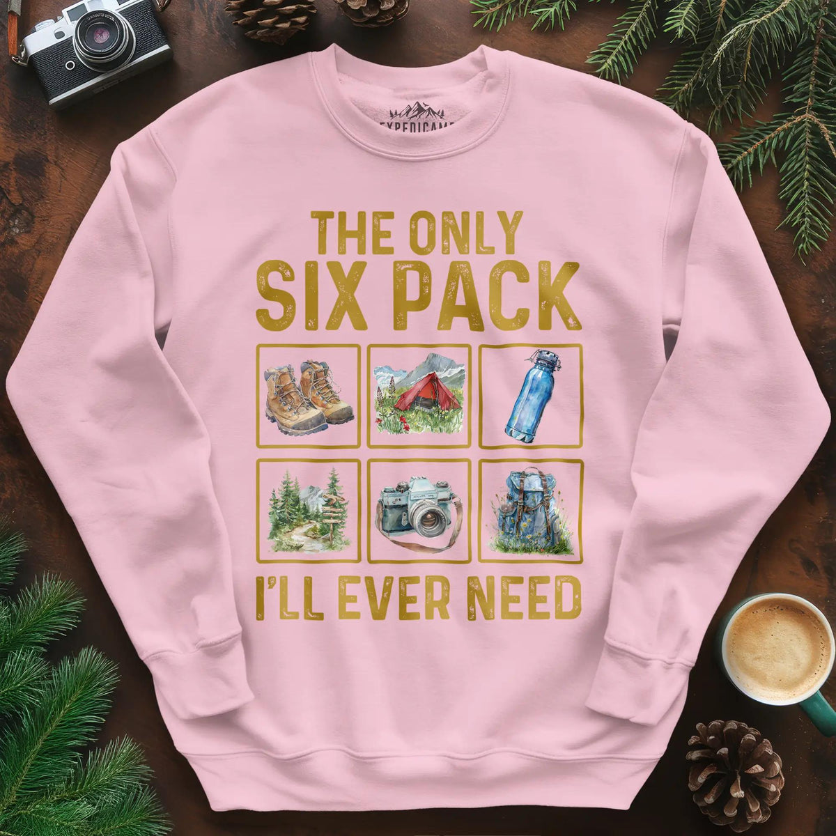 Six Pack Adventure Sweatshirt – Light Pink – Outdoor apparel for travel, hiking, camping, and nature lovers – ExpediCamp
