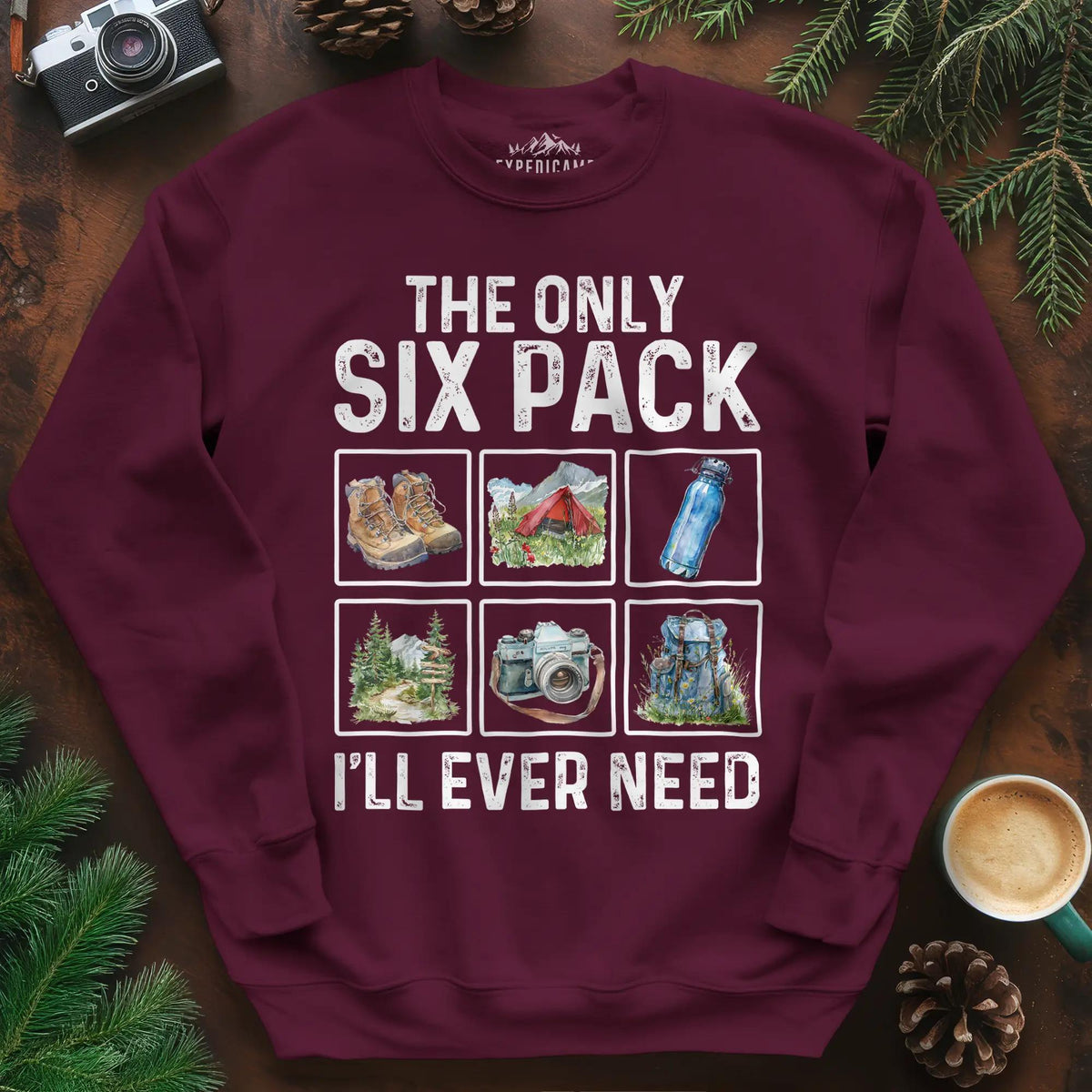 Six Pack Adventure Sweatshirt – Maroon – Outdoor apparel for travel, hiking, camping, and nature lovers – ExpediCamp