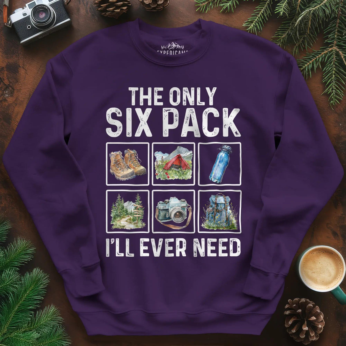Six Pack Adventure Sweatshirt – Purple – Outdoor apparel for travel, hiking, camping, and nature lovers – ExpediCamp